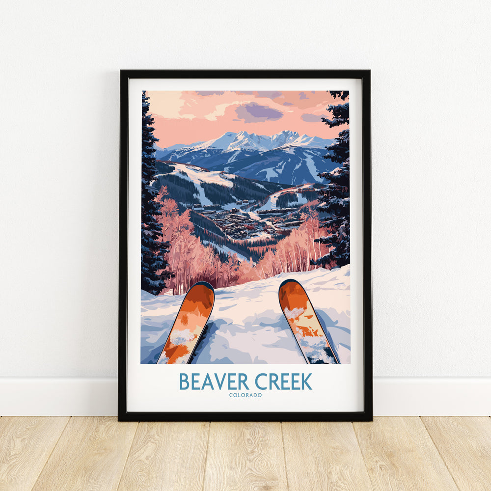 Beaver Creek Colorado winter sunset ski print showcasing vibrant slopes and mountains for travel decor.
