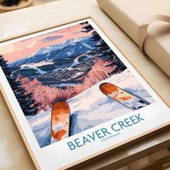 Beaver Creek Colorado Winter Sunset Ski Print - Colorado Travel Decor featuring vibrant snow-covered slopes and skis.