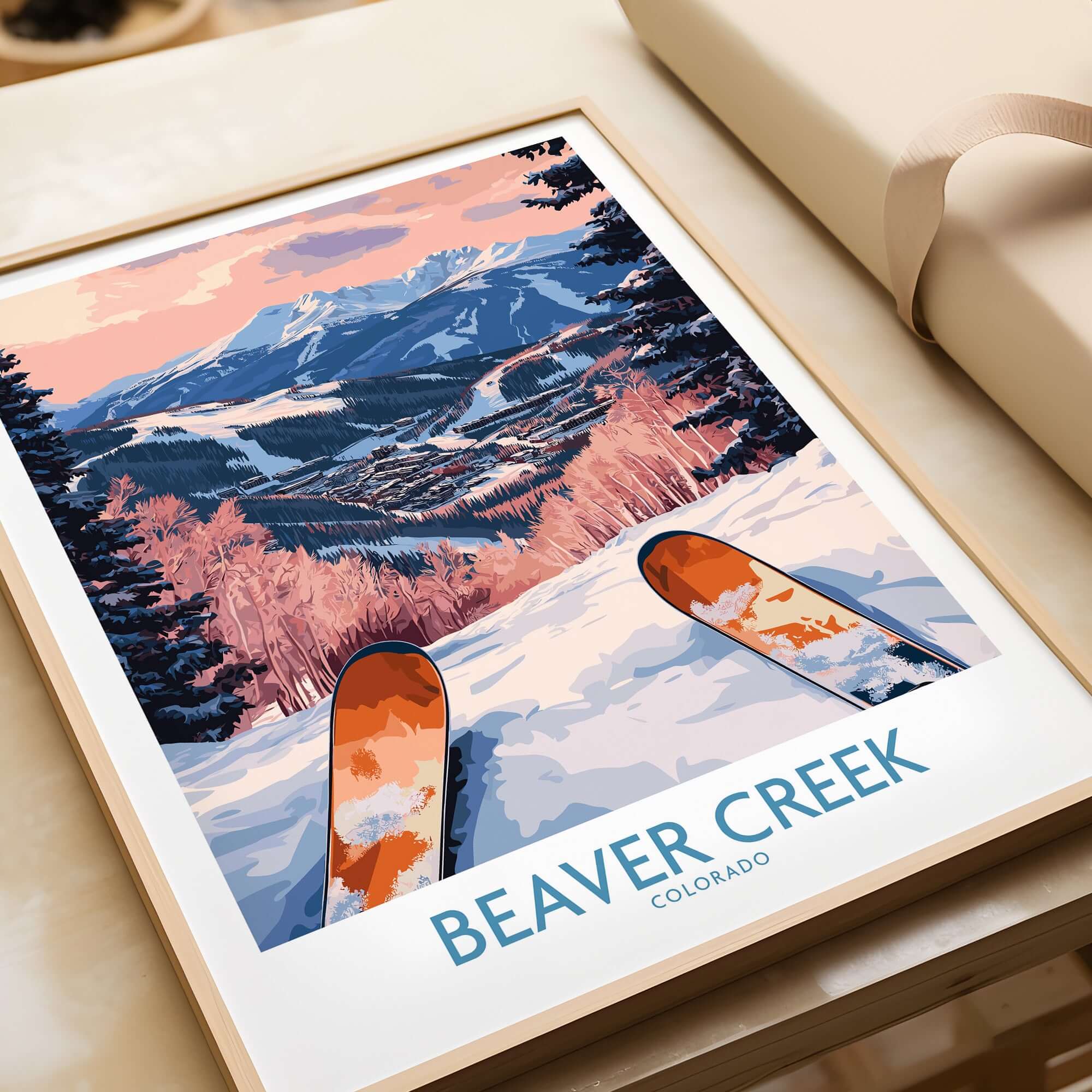 Beaver Creek Colorado Winter Sunset Ski Print - Colorado Travel Decor featuring vibrant snow-covered slopes and skis.