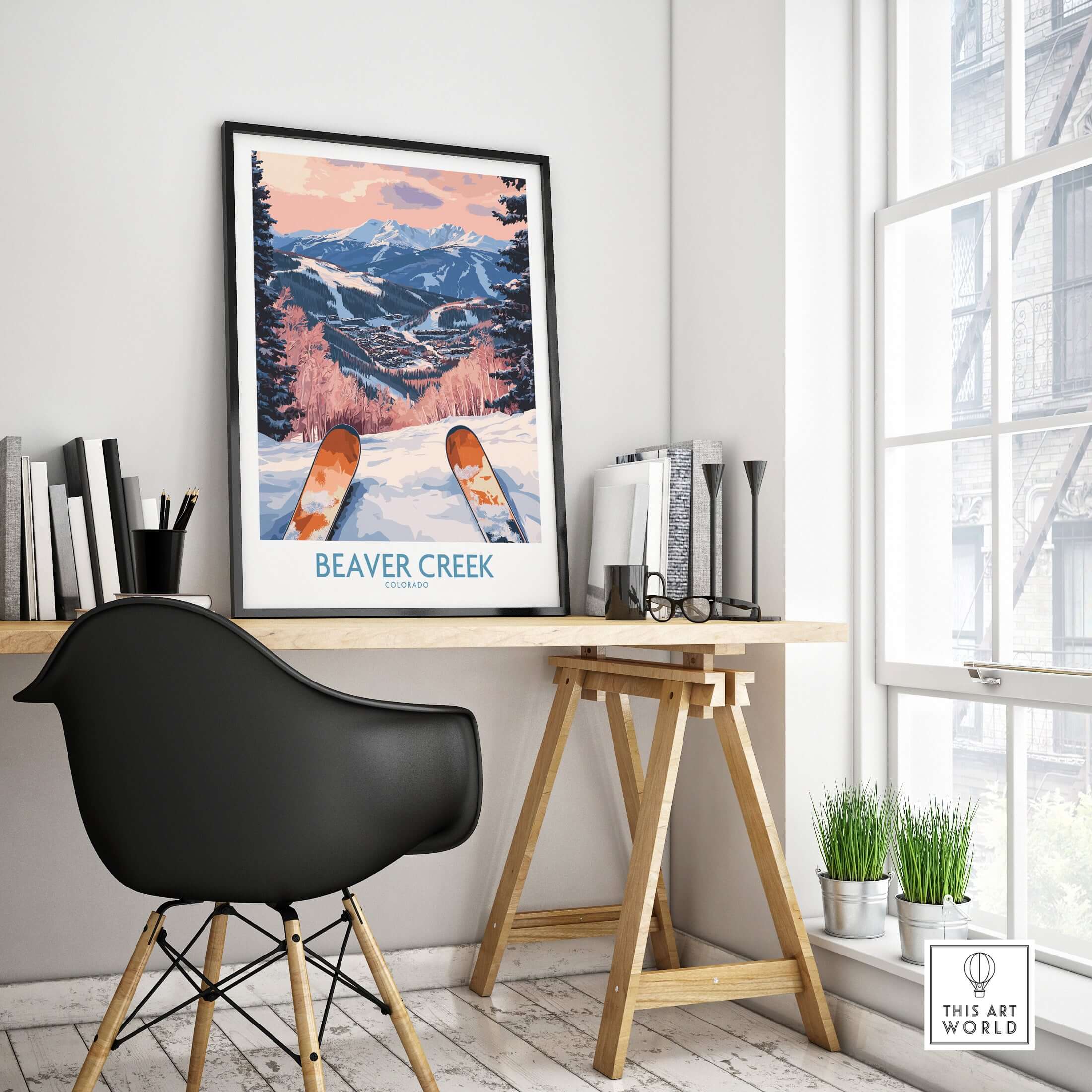 Beaver Creek Colorado Winter Sunset Ski Print - Colorado Travel Decor in a modern workspace setting.
