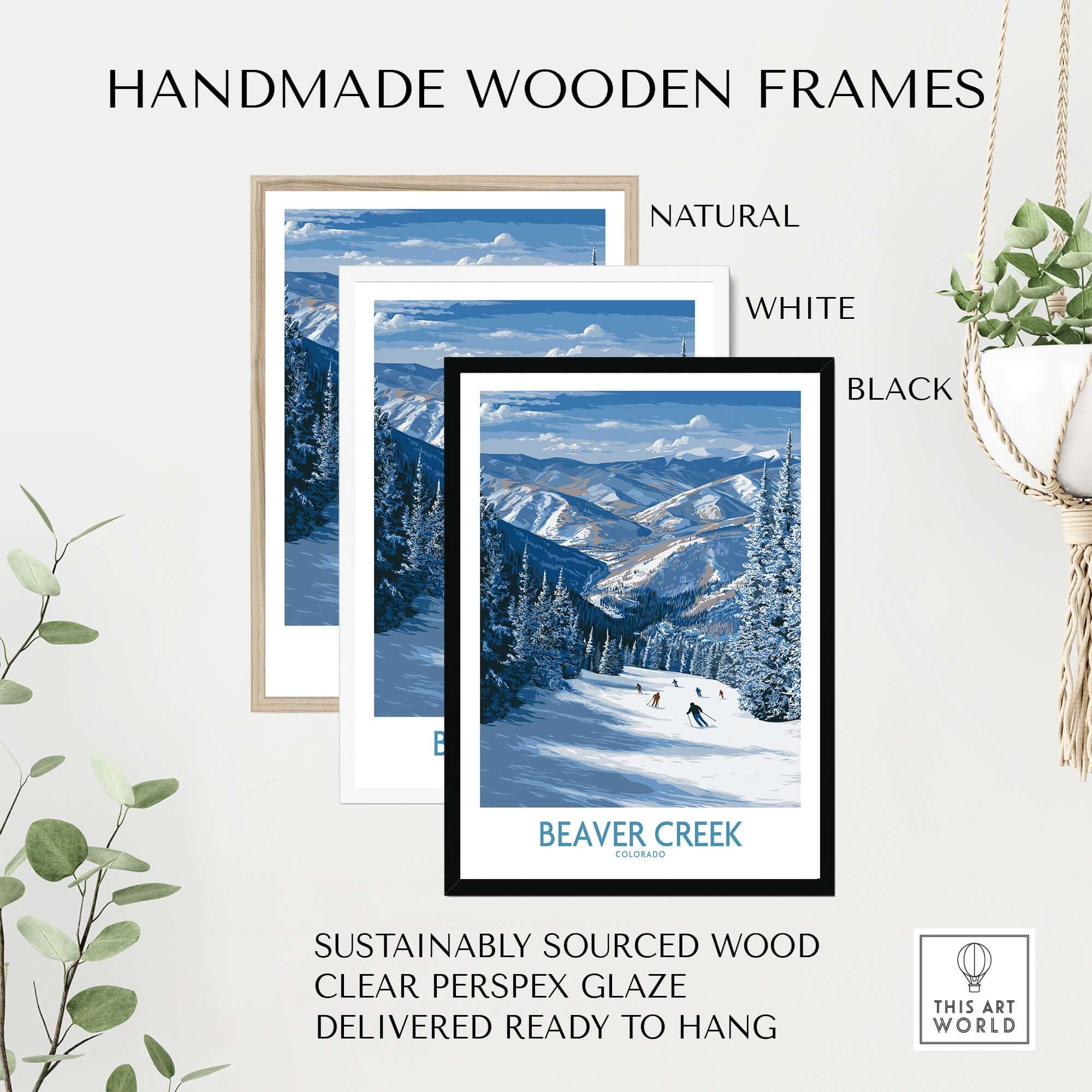 Beaver Creek Colorado Winter Wonderland Wall Art - Group Skiing Landscape framed in natural, white, and black handmade wood frames.