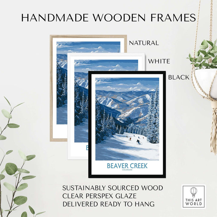 Handmade wooden frames in natural, white, and black for Beaver Creek Colorado winter wall art, ready to hang.