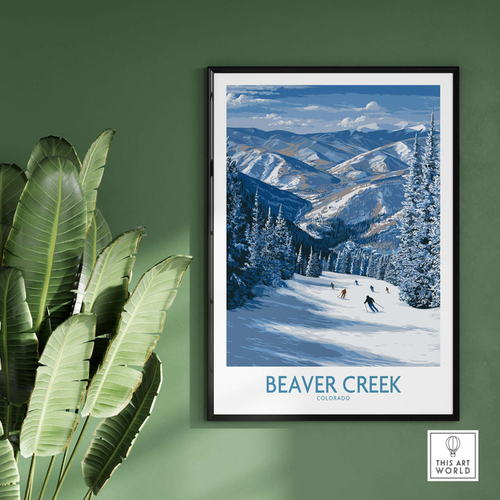 Beaver Creek Colorado winter wall art featuring a lively group skiing in a snowy landscape backdrop.