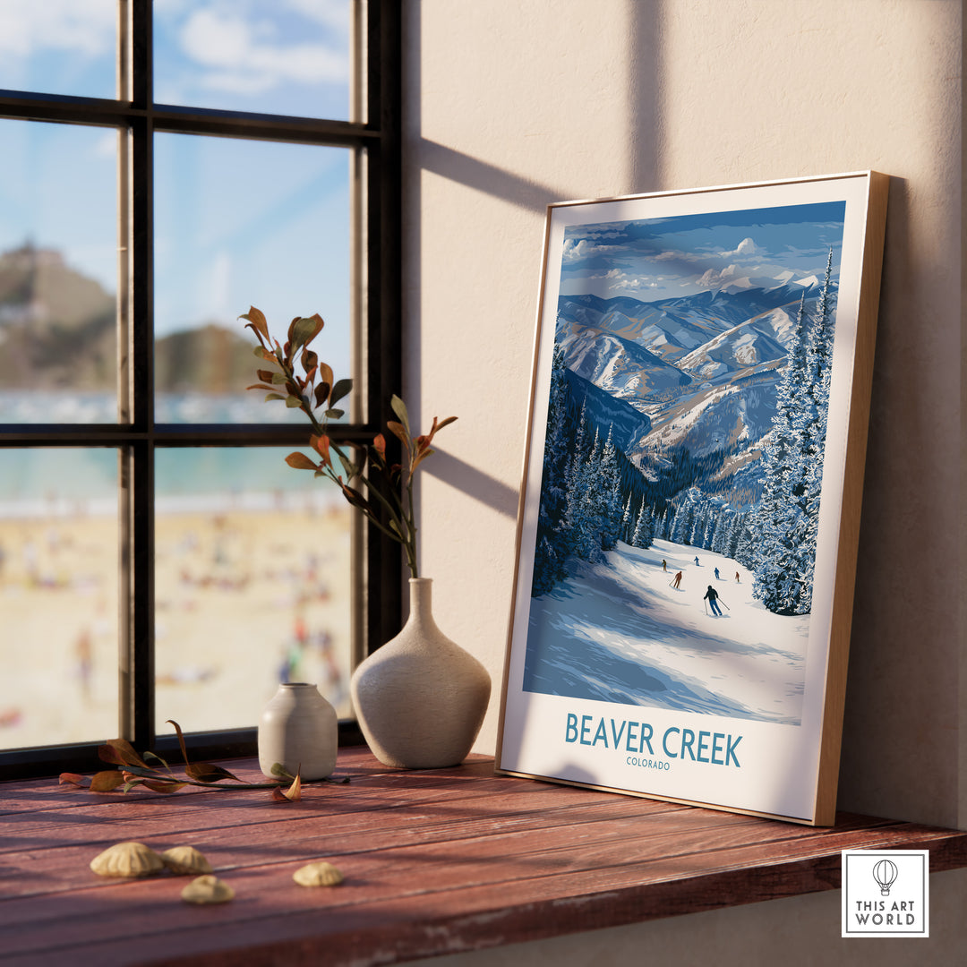 Framed Beaver Creek Colorado Winter Wonderland wall art featuring skiers in a snowy landscape.