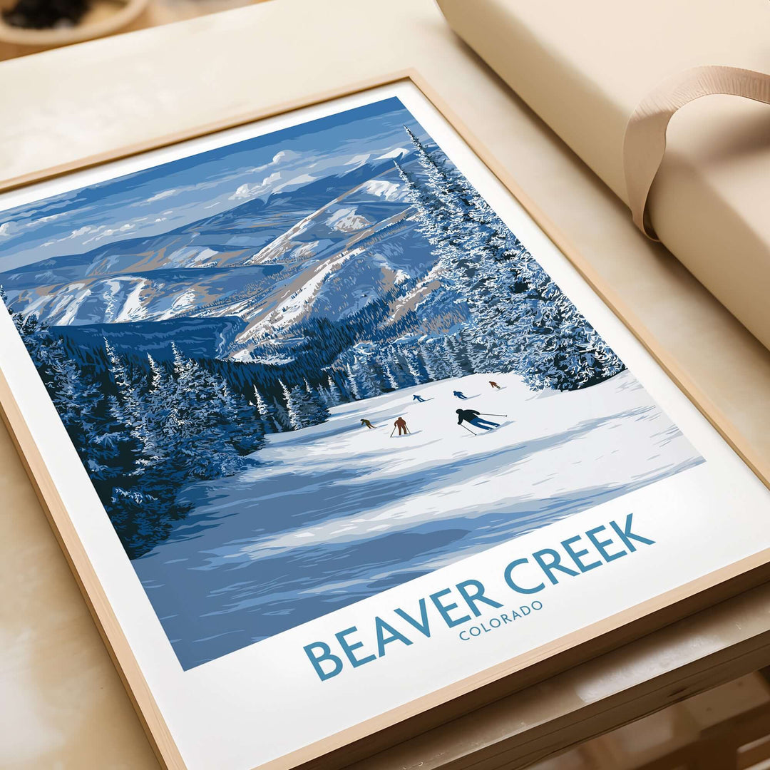 Beaver Creek Colorado winter landscape wall art featuring a group skiing on a snowy mountain trail.