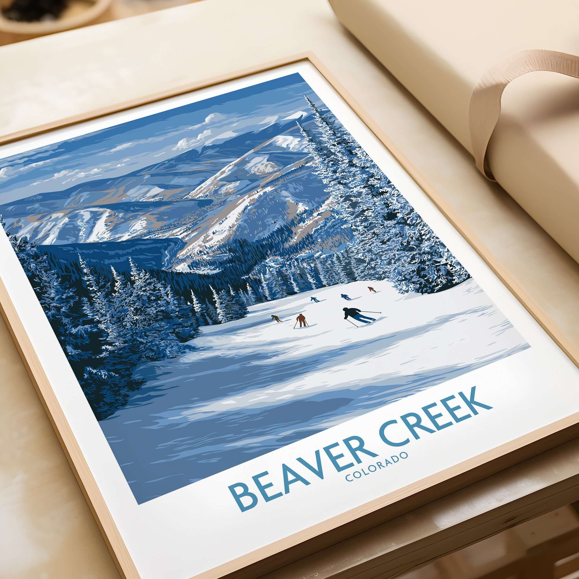Beaver Creek Colorado Winter Wonderland Wall Art - Group Skiing Landscape featuring snowy mountains and skiers on a winter day.