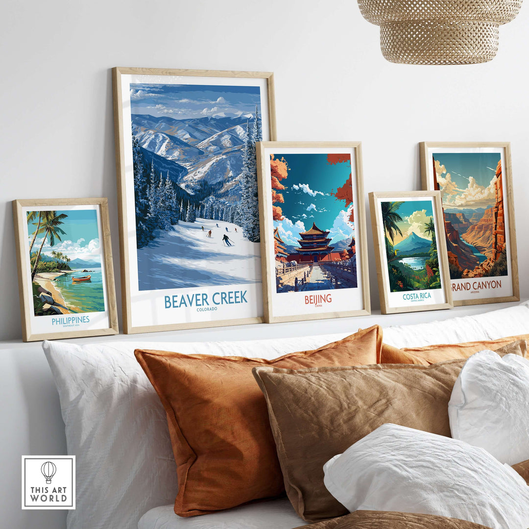Framed wall art of Beaver Creek winter skiing and landscapes from around the world, showcasing travel destinations.