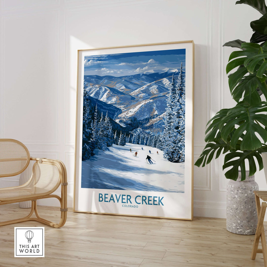 Beaver Creek Colorado winter wall art featuring a lively skiing scene in a snowy mountain landscape.