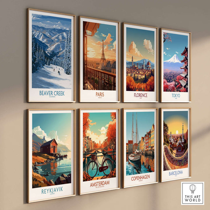 Colorful wall art collection featuring landscapes from Beaver Creek, Paris, Florence, Tokyo, Reykjavik, Amsterdam, Copenhagen, and Barcelona.
