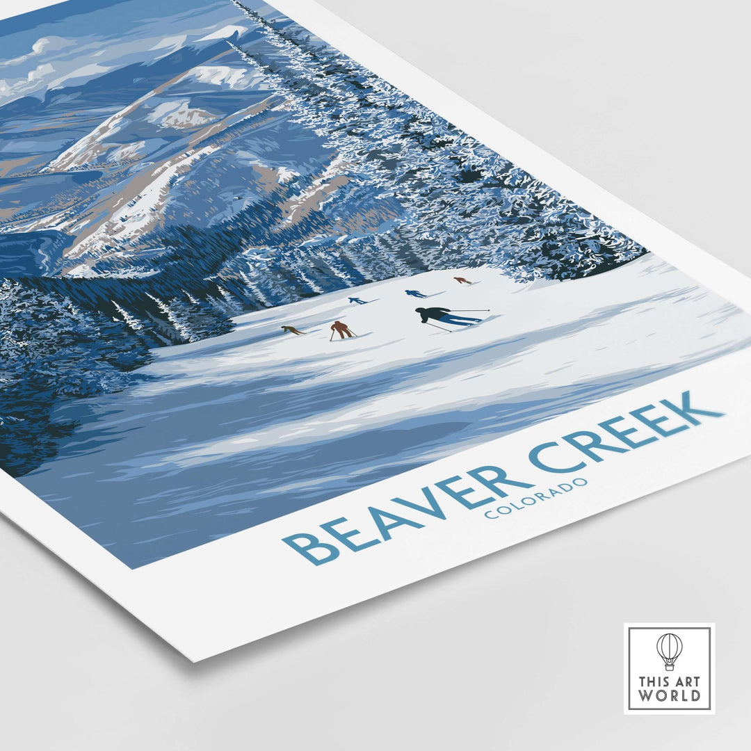 Beaver Creek Colorado winter wall art featuring skiers against a snowy mountain landscape.