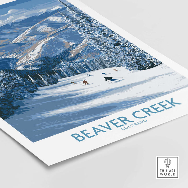 Beaver Creek Colorado winter wall art featuring skiers against a snowy mountain landscape.