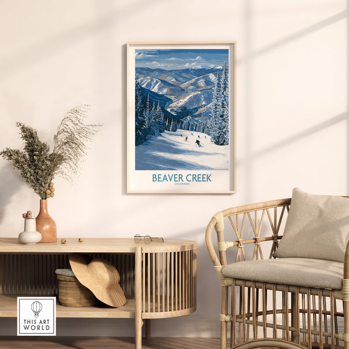 Beaver Creek Colorado winter wall art featuring a group skiing against a snowy mountain landscape.
