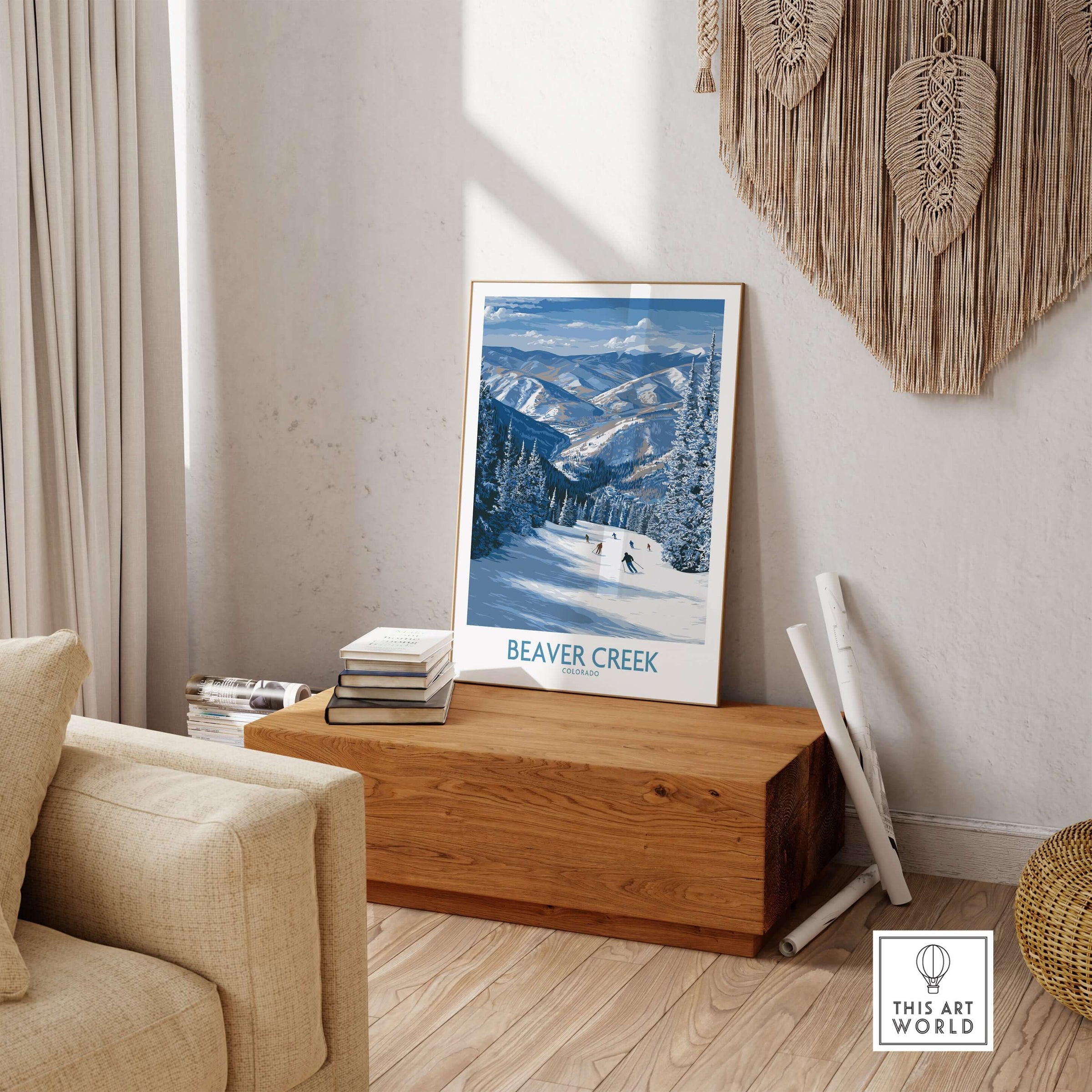 Beaver Creek Colorado Winter Wonderland Wall Art - Group Skiing Landscape displayed in a cozy room setting.