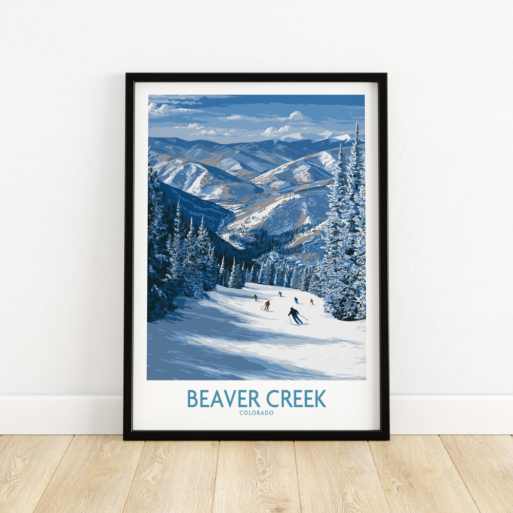 Beaver Creek winter wall art showcasing a group skiing in a snowy landscape with mountains in the background.
