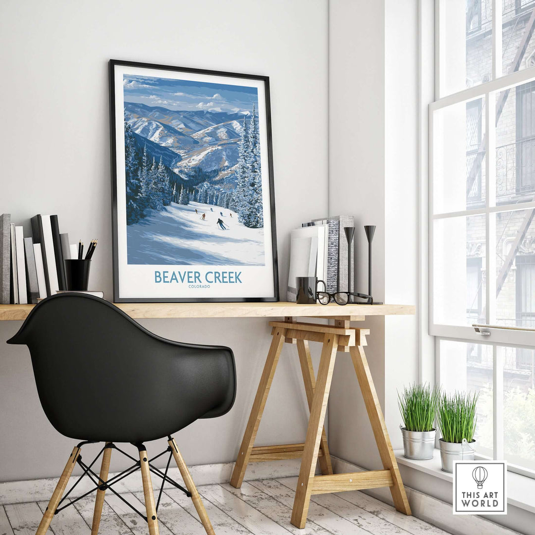 Framed Beaver Creek Colorado winter landscape wall art in modern office setting with stylish desk and chair.