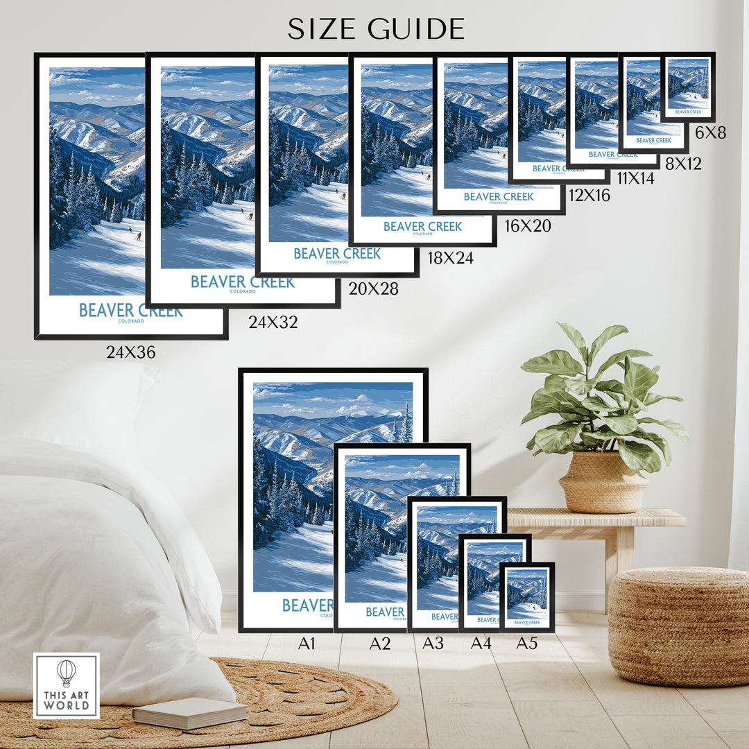 Sizing guide for Beaver Creek Colorado Winter Wonderland wall art featuring various frame sizes in a stylish room setting.