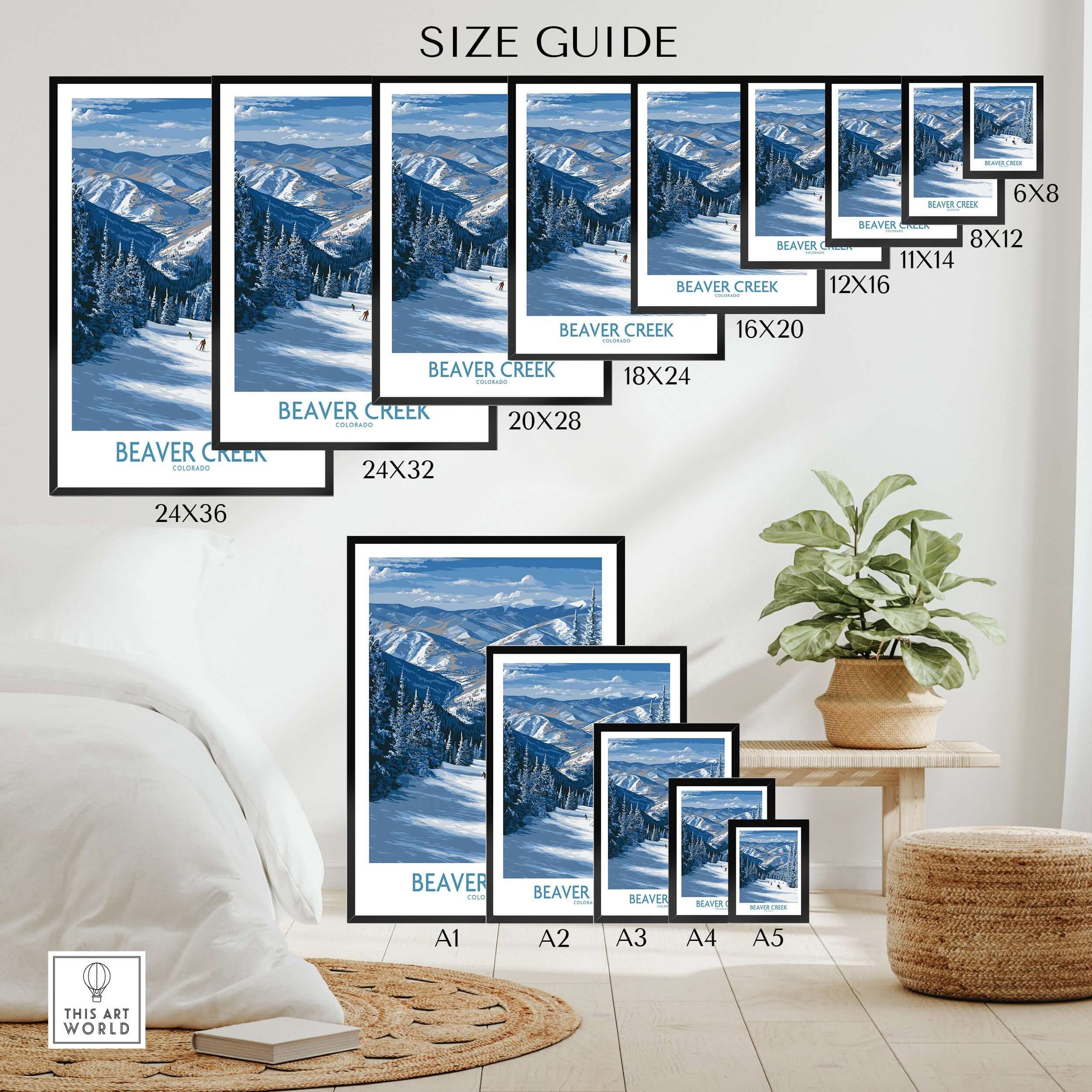 Beaver Creek Colorado Winter Wonderland Wall Art - Group Skiing Landscape size guide showcasing different frame sizes.