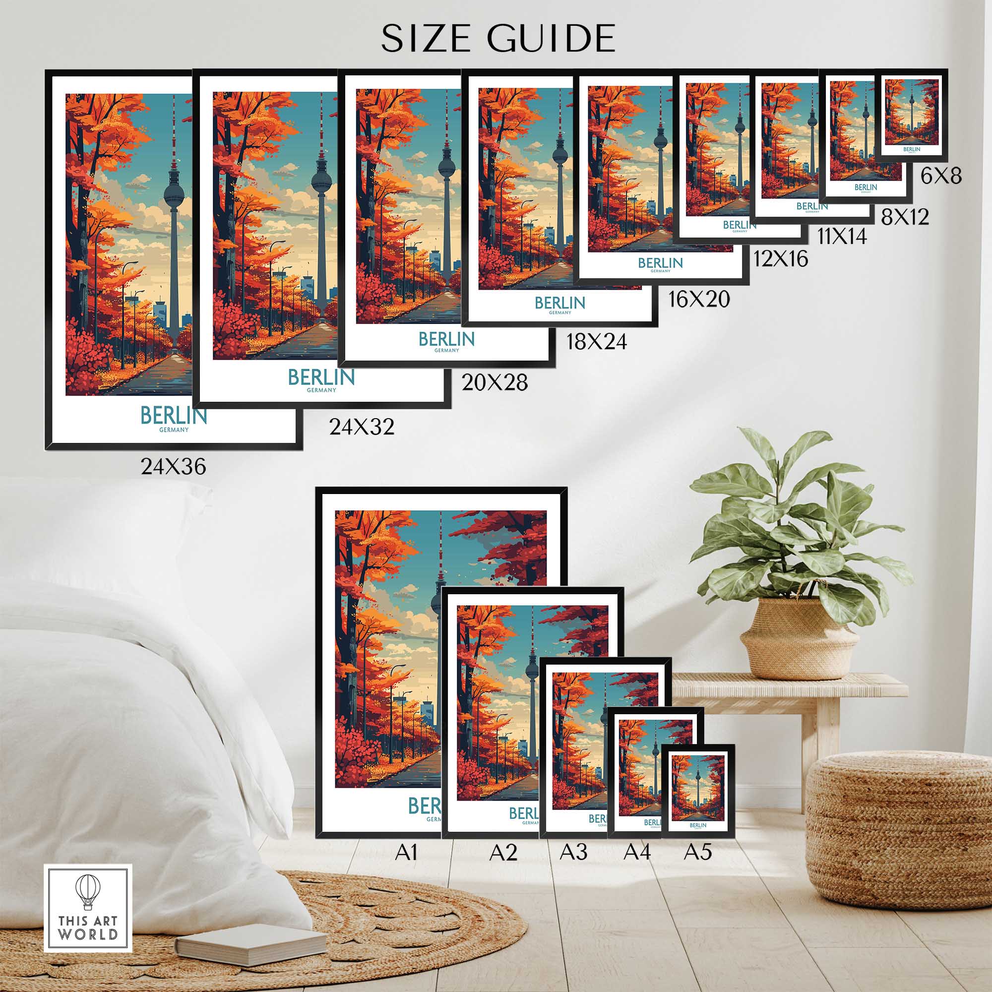 Berlin art print size guide with city skyline wall art, modern bedroom decor, This Art World