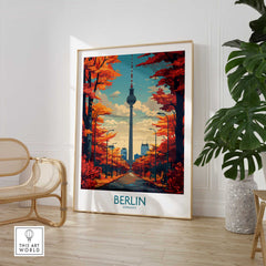 Berlin skyline art print with Fernsehturm tower and autumn trees, modern home decor