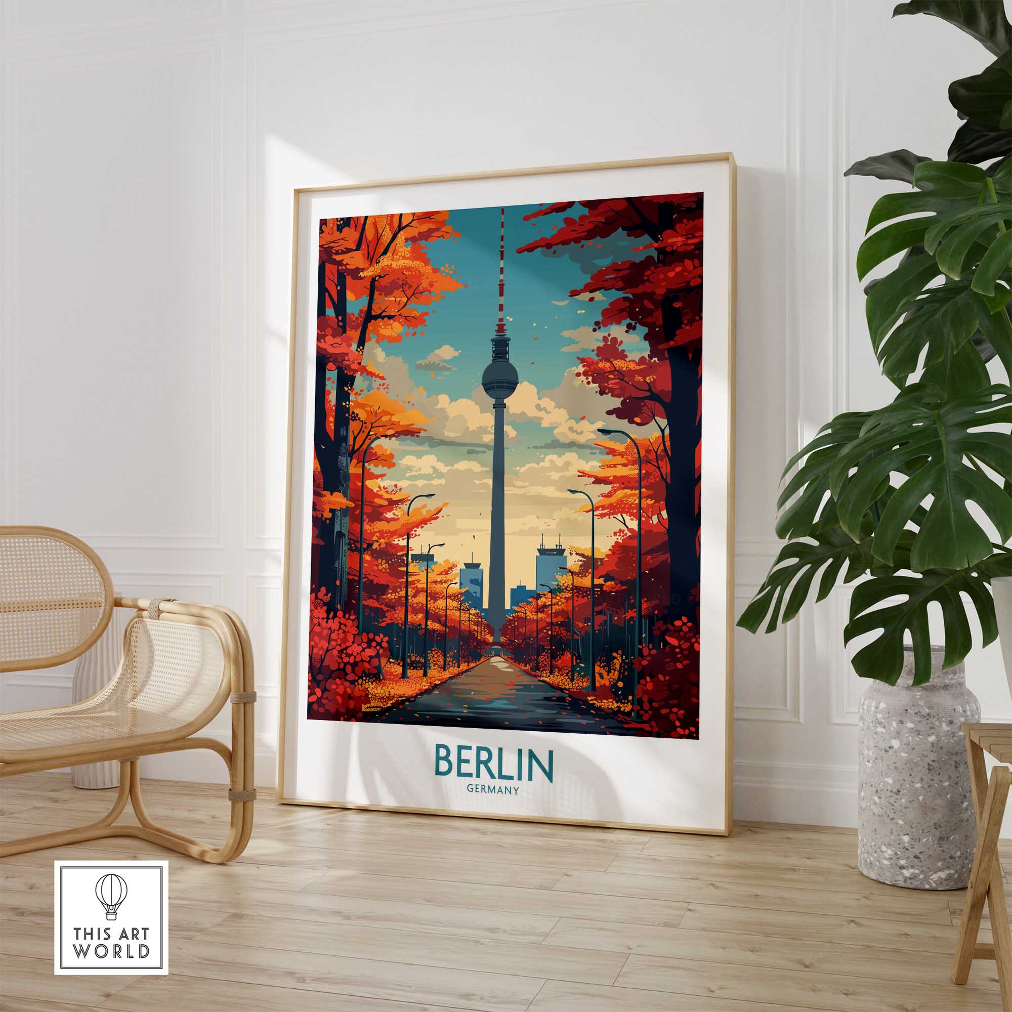 Berlin skyline art print with Fernsehturm tower and autumn trees, modern home decor