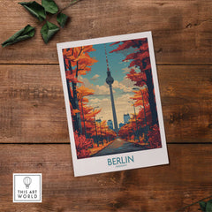 Berlin art print featuring city skyline and autumn trees, displayed on rustic wood surface