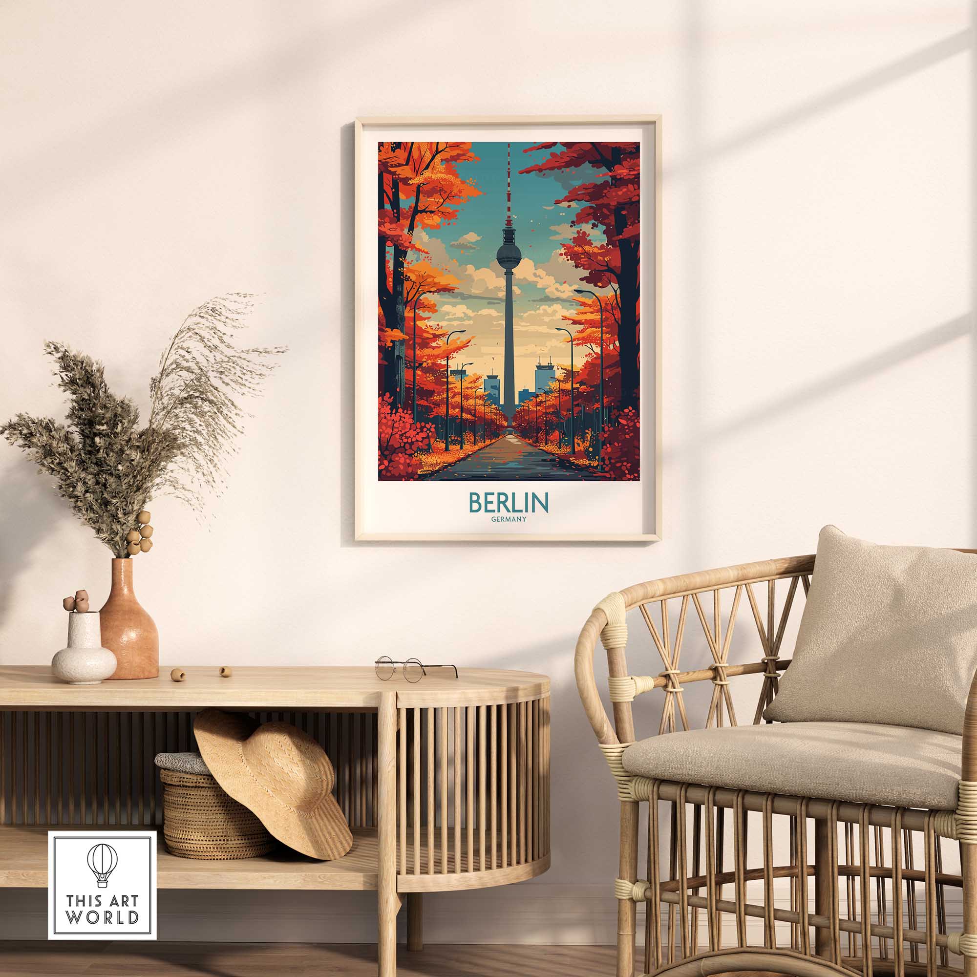 Berlin skyline art print with autumn trees in modern living room, city wall decor by This Art World