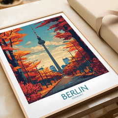 Berlin art print featuring city skyline, autumn trees, and iconic TV Tower, framed wall decor.