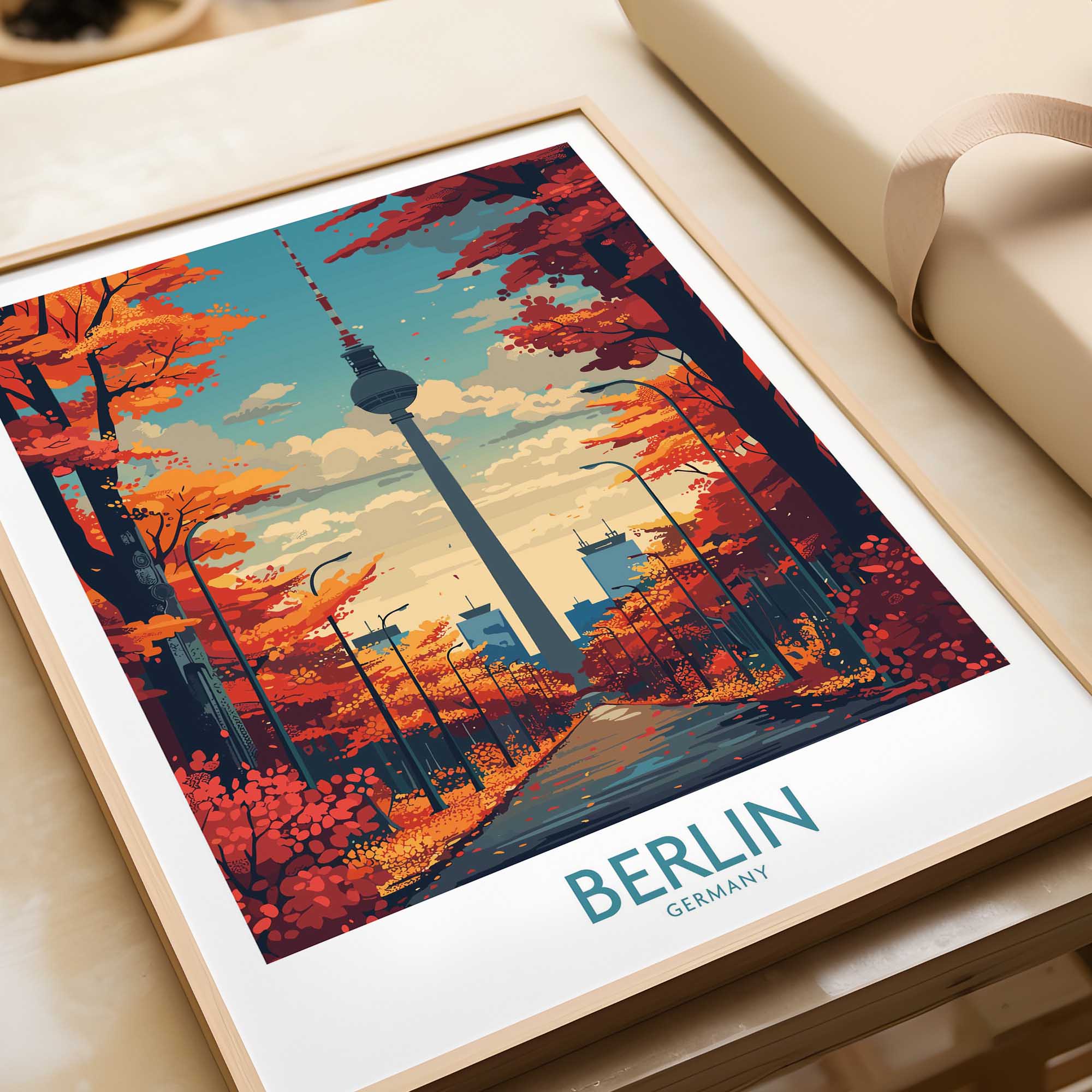Berlin art print featuring city skyline, autumn trees, and iconic TV Tower, framed wall decor.