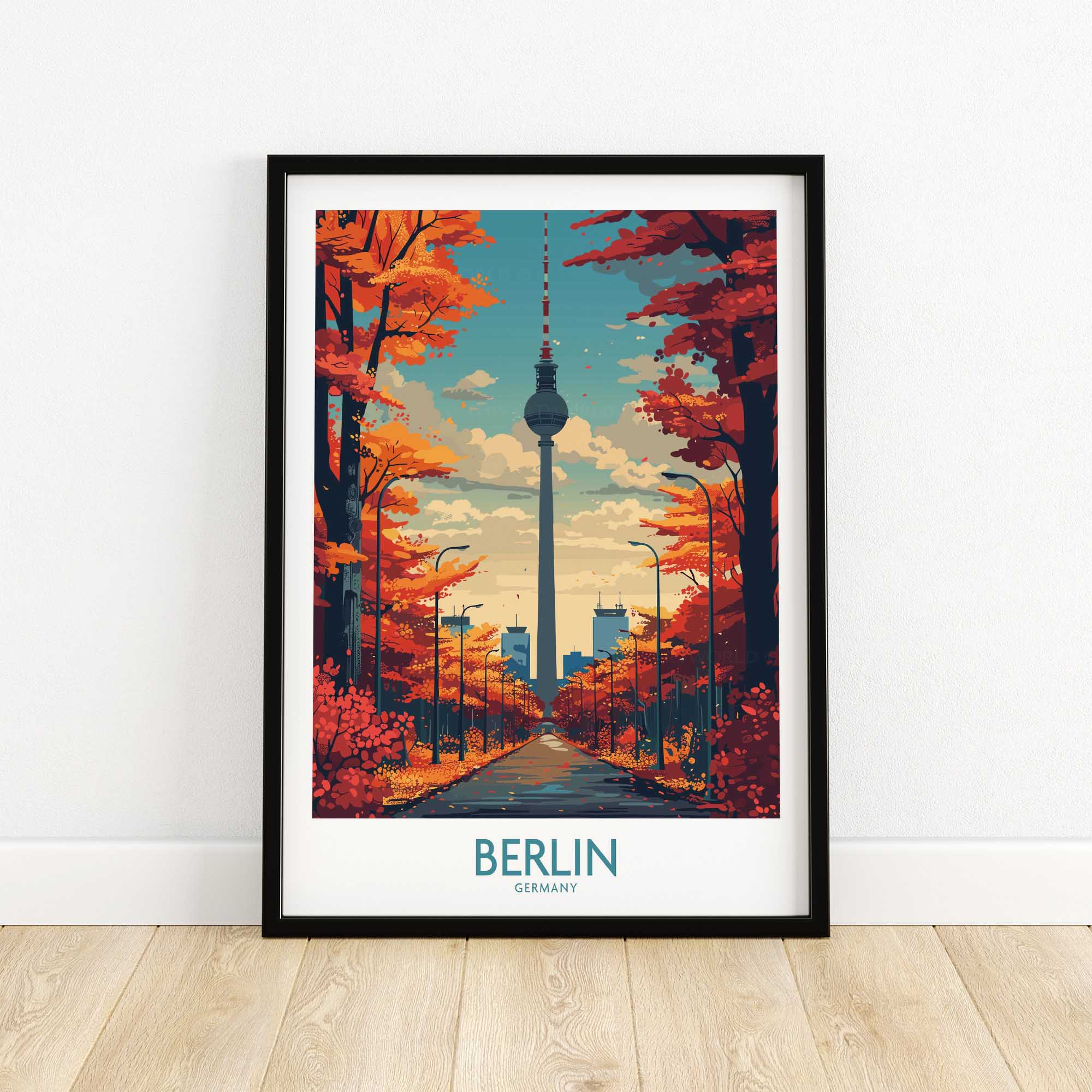 Berlin art print with colorful autumn trees and city skyline in modern wall art style