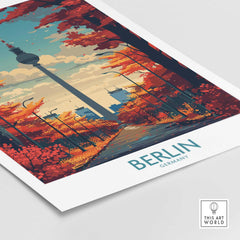 Berlin art print with city skyline, Fernsehturm, autumn trees, and This Art World logo
