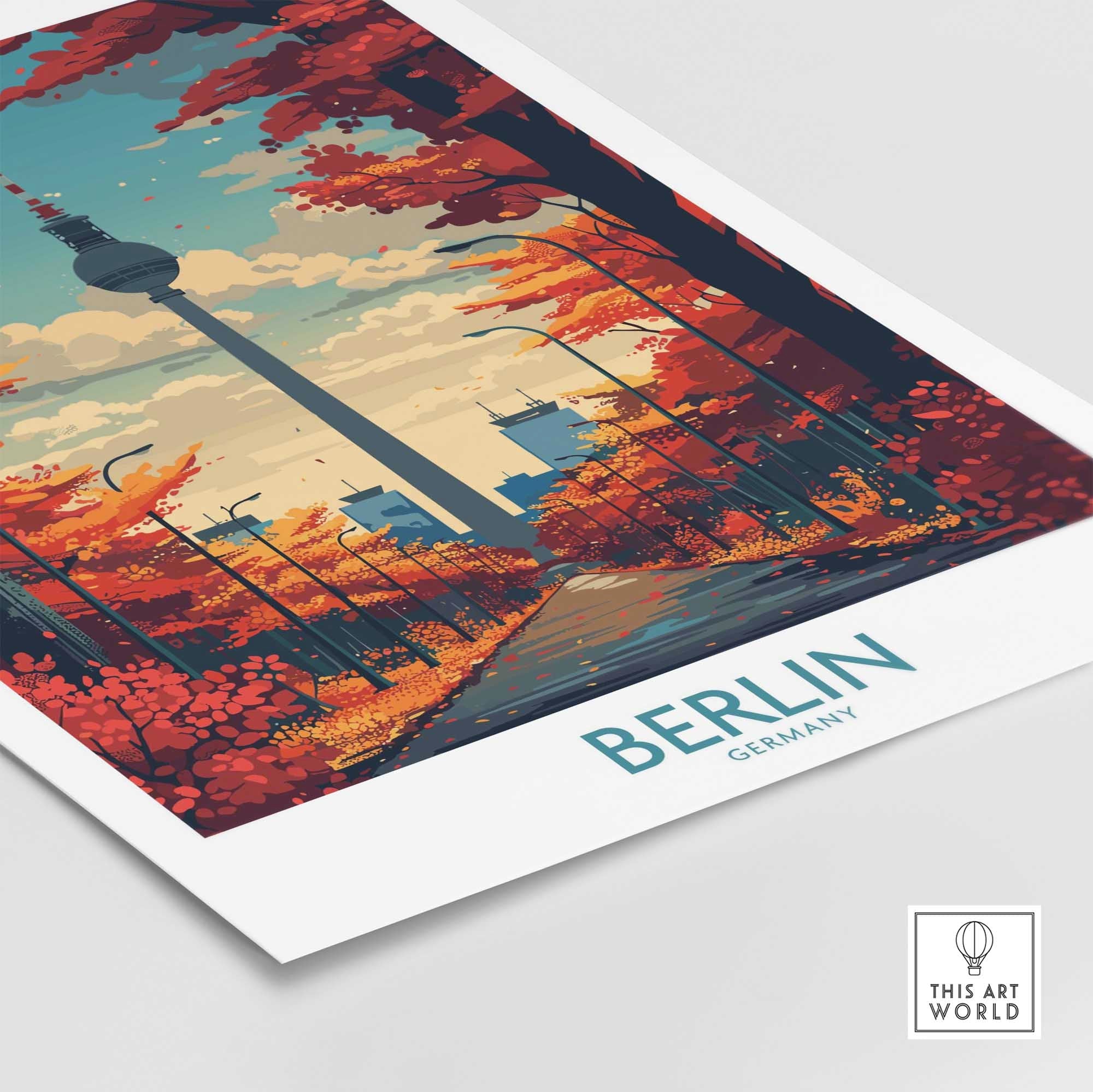Berlin art print with city skyline, Fernsehturm, autumn trees, and This Art World logo