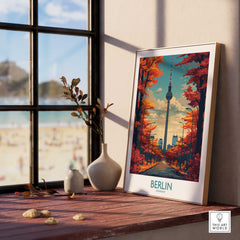 Berlin city skyline autumn art print on windowsill, modern travel poster home decor