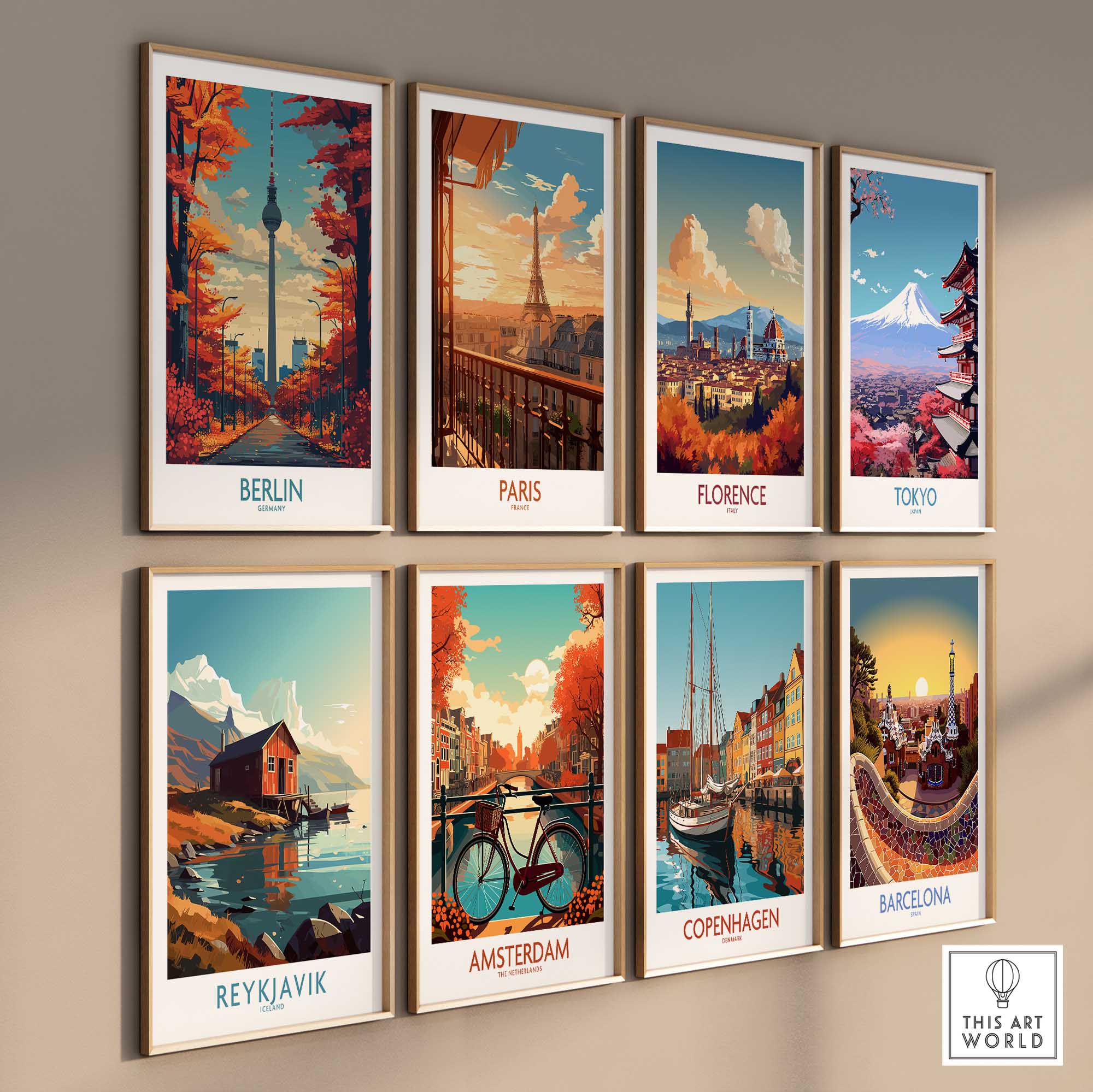 Gallery wall featuring colorful travel posters of Berlin, Paris, Florence, Tokyo, Reykjavik, Amsterdam, Copenhagen, and Barcelona, ideal for home decor.