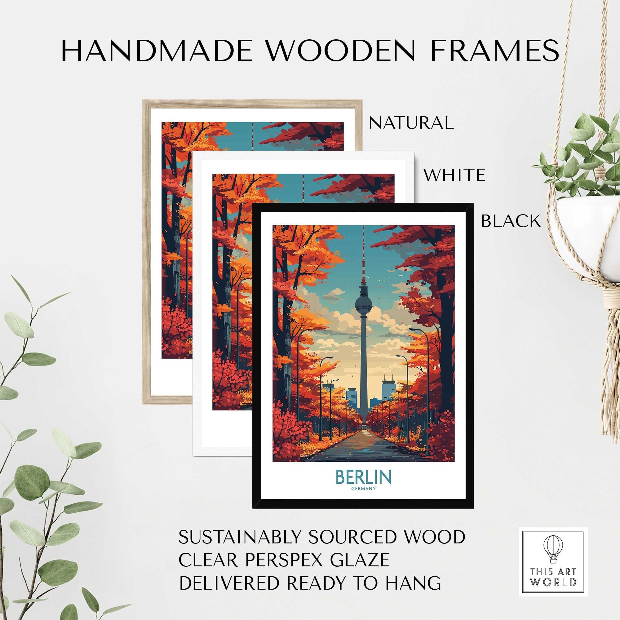 Berlin art print with autumn trees and TV tower in natural, white, and black handmade wooden frames