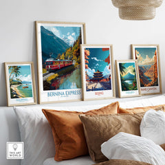 Bernina Express Train Art Print | Autumn Alps Journey Poster displayed among various travel posters on a stylish wall.