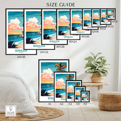 Bermuda Art Print size guide showcasing various dimensions for this vibrant travel poster.