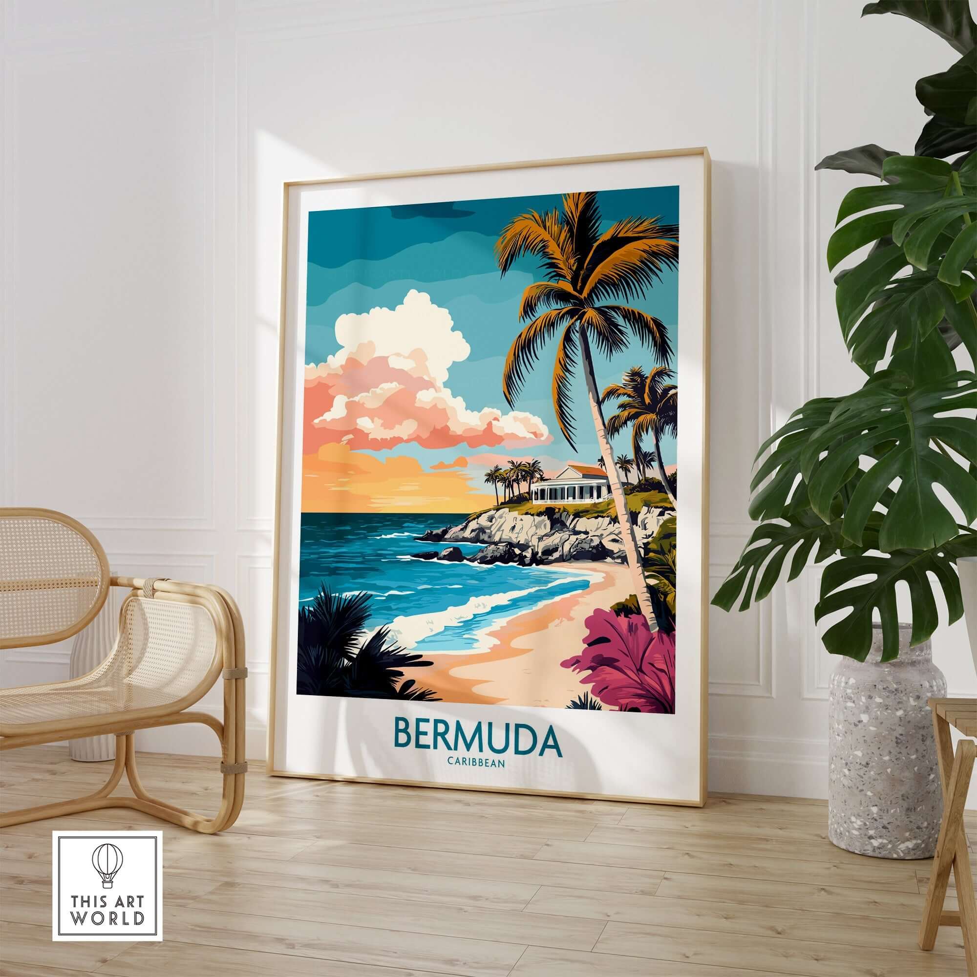 Bermuda Art Print featuring vibrant colors, palm trees, and coastal scenery in a stylish interior setting.