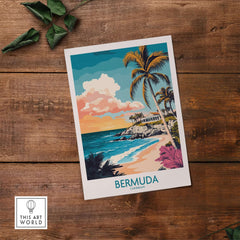 Bermuda Art Print showcasing vibrant coastal scenery and palm trees on a beach.
