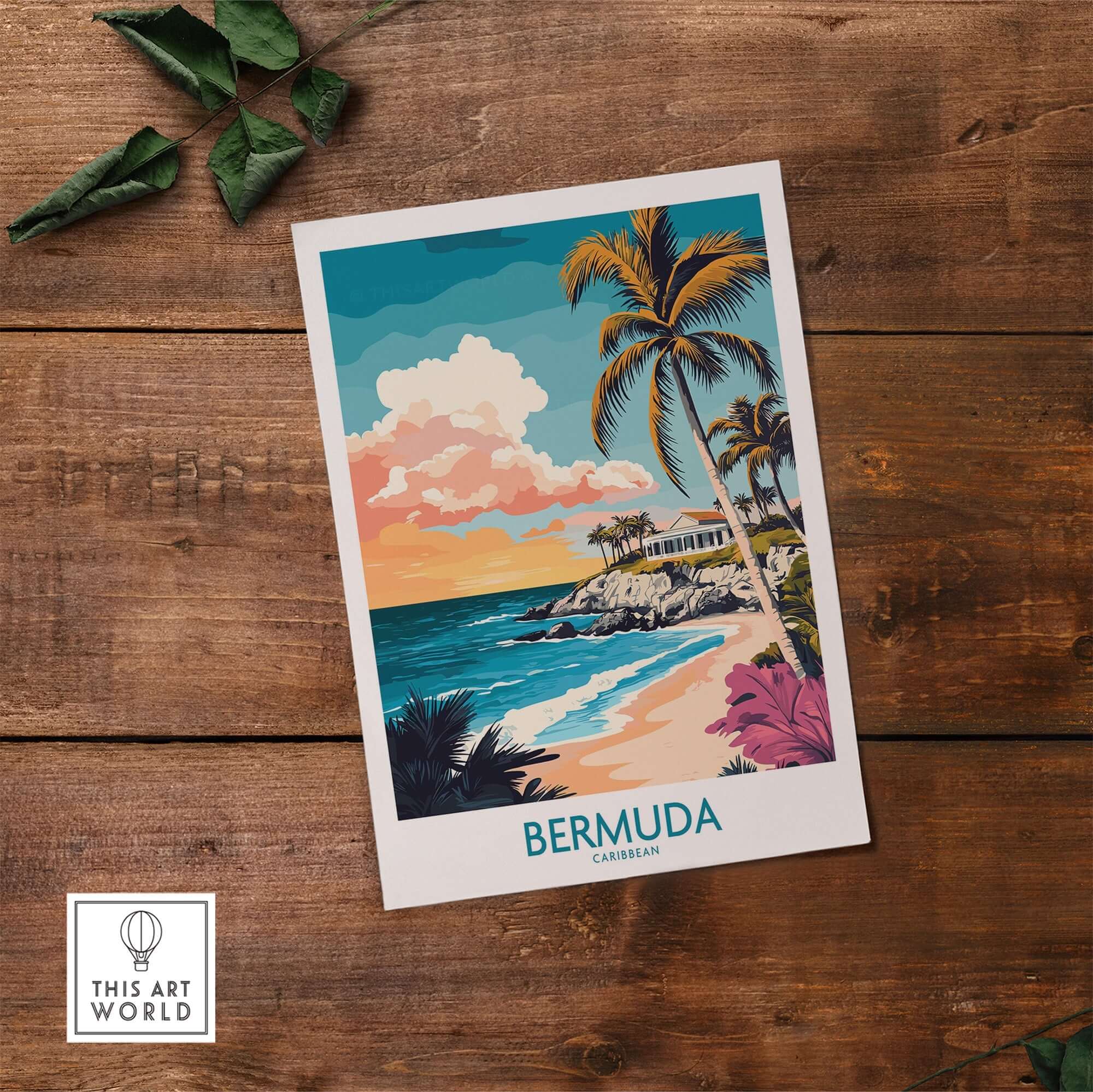 Bermuda Art Print showcasing vibrant coastal scenery and palm trees on a beach.