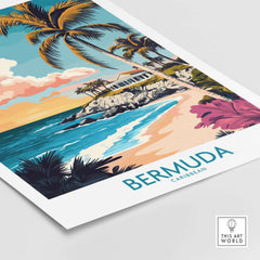 Bermuda Art Print featuring palm trees and a coastal scene with vibrant colors and a tropical beach.