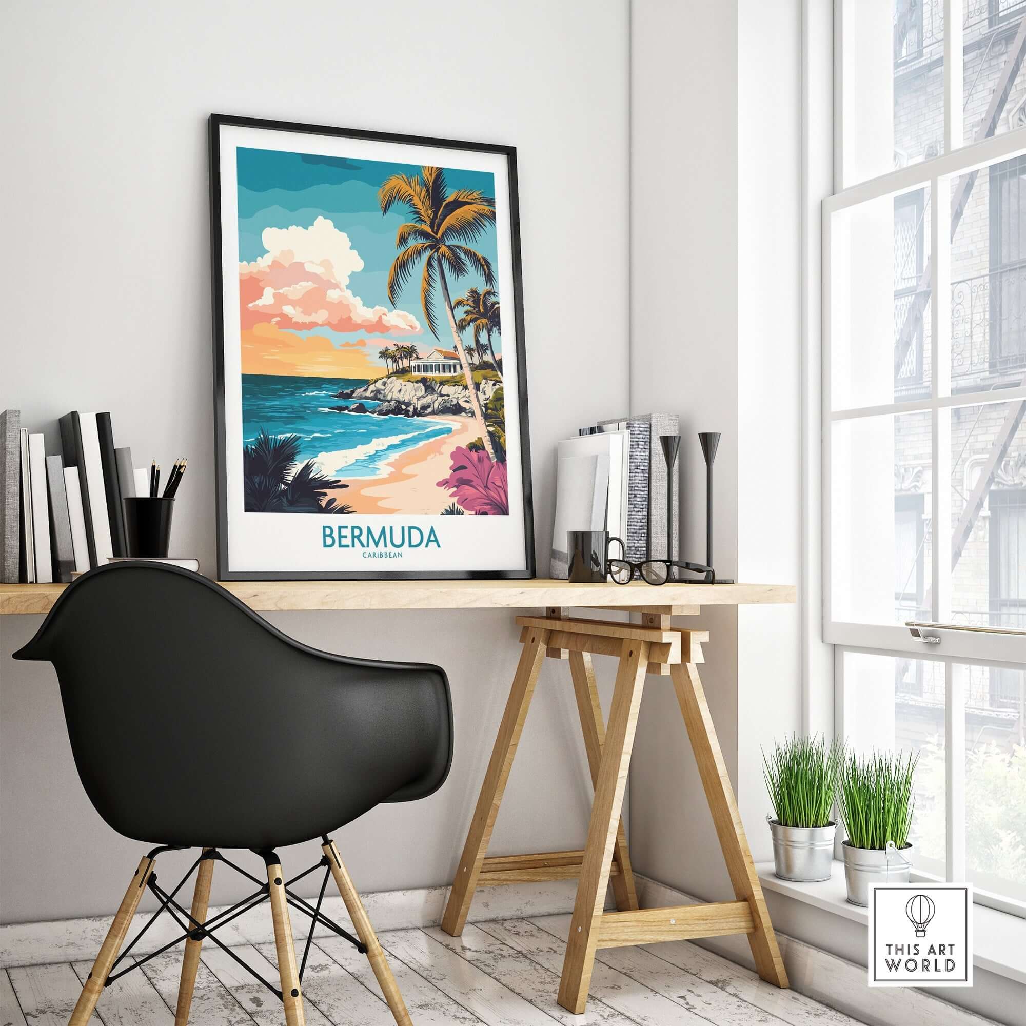 Bermuda Art Print displayed on a desk with a stylish chair, showcasing vibrant tropical scenery and coastal charm.
