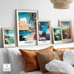 Bermuda Art Print displayed among travel posters on a modern gallery wall, adding coastal charm to home decor.
