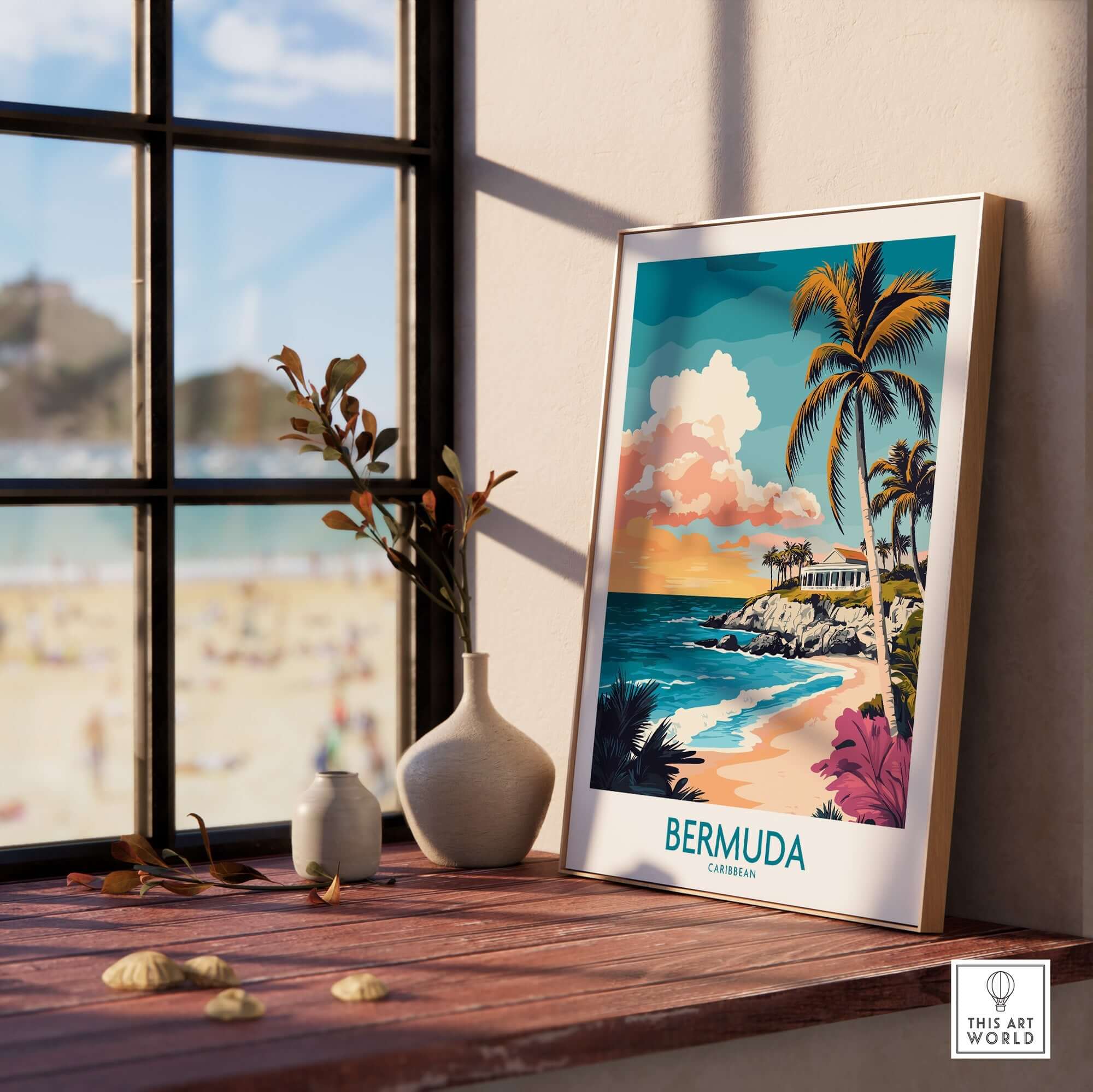 Bermuda Art Print featuring vibrant coastal scenery and palm trees, showcasing tropical paradise.