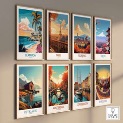 Bermuda Art Print featuring vibrant coastal scenery alongside travel posters from various global cities.