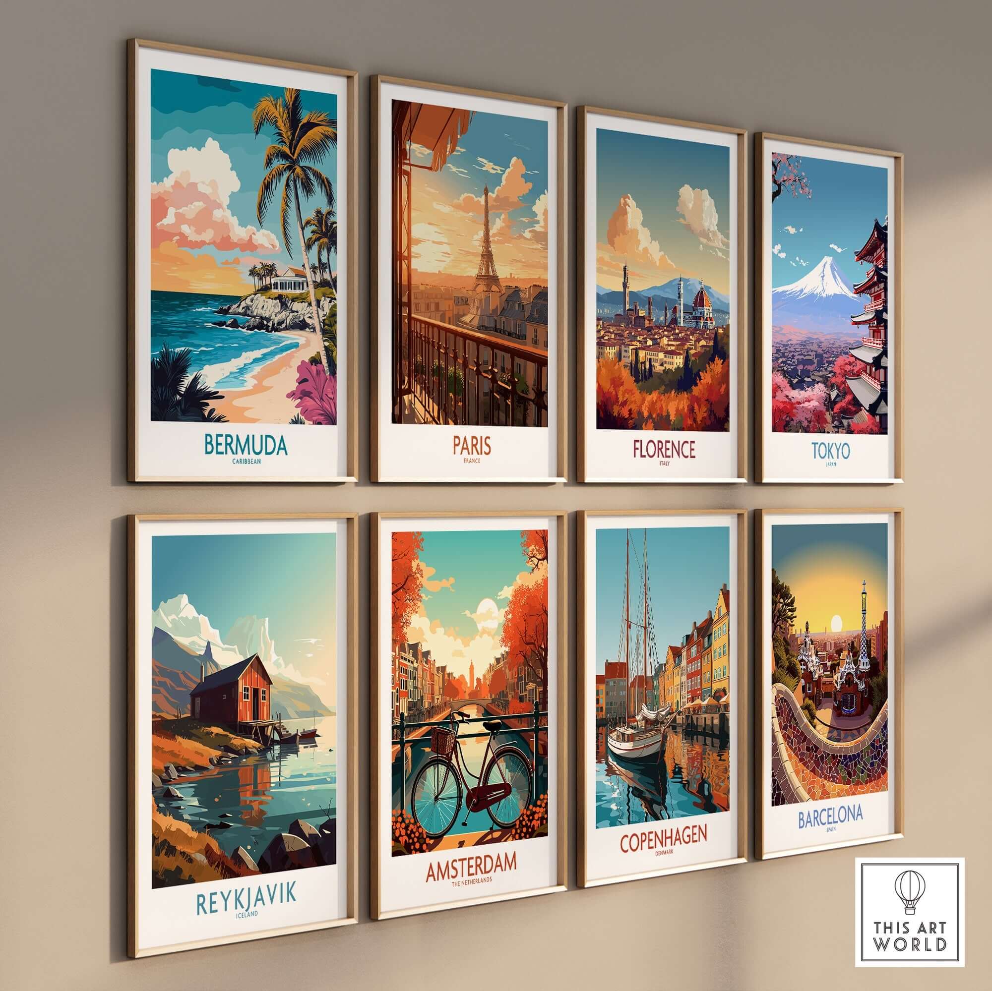 Bermuda Art Print featuring vibrant coastal scenery alongside travel posters from various global cities.