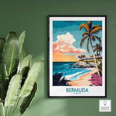 Bermuda Art Print featuring vibrant colors of the beach and palm trees, adding coastal charm to any space.