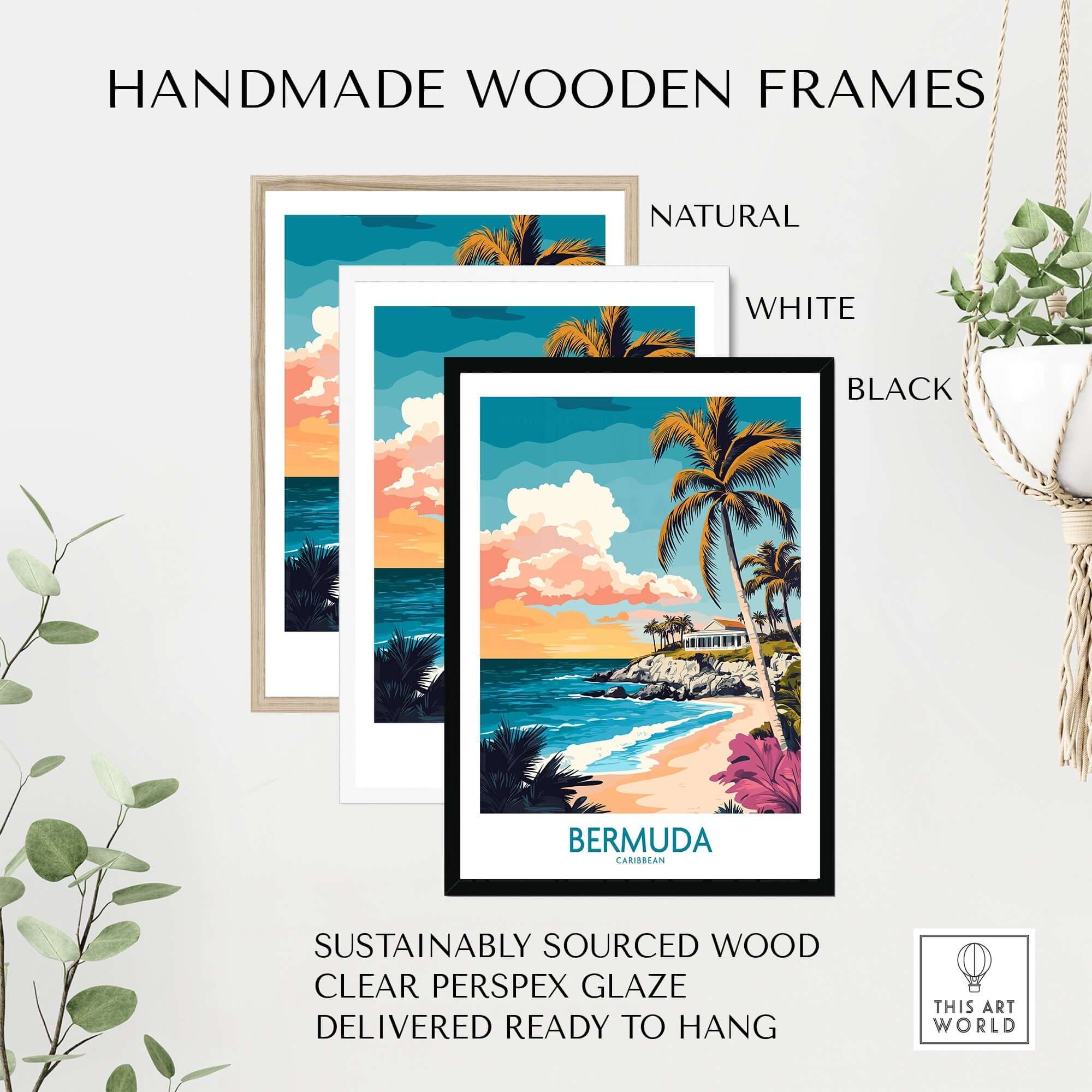 Bermuda Art Print framed in handmade wooden frames: natural, white, and black, showcasing vibrant island colors.