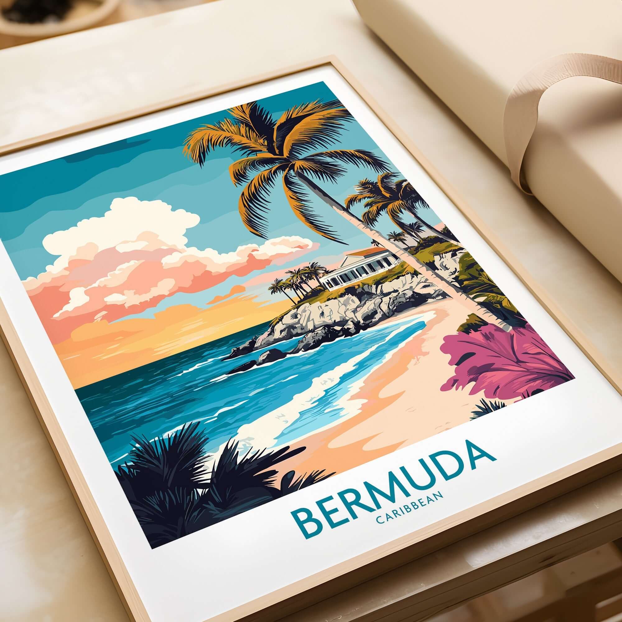 Bermuda Art Print featuring vibrant colors, palm trees, and a coastal landscape, perfect for home decor.