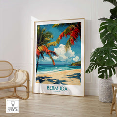 Bermuda Beach Print featuring tropical palm trees and clear blue waters in a stylish living room setting.