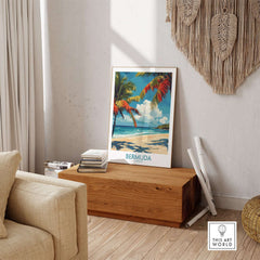 Bermuda Beach Print showcasing tropical scenery with palm trees and clear waters in a cozy living room setting.